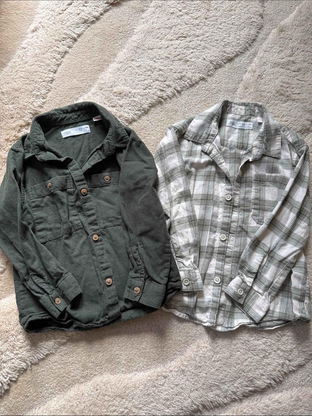 Zara Kids Button-Front Shirts - Olive Green & Cream Plaid - Sizes 3-4